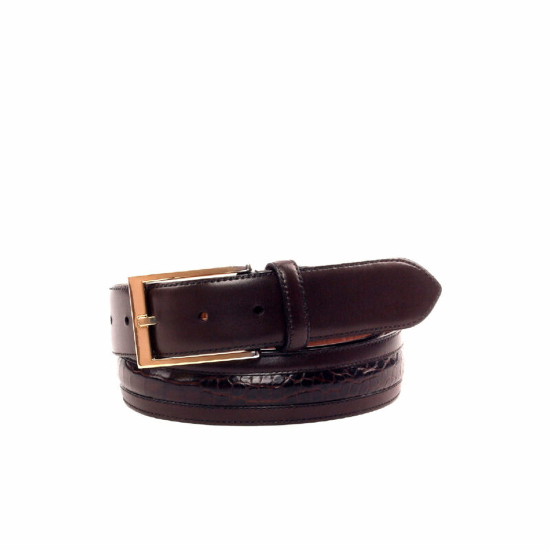 Side view of model Dove Valley, dark brown box calf, dark brown painted croco, luggare nubuck, gold hardware Golf BespokeShoes