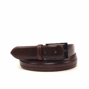 Side view of model Basile, dark brown painted calf, red stiching, luggare nubuck, graphite buckle Golf BespokeShoes
