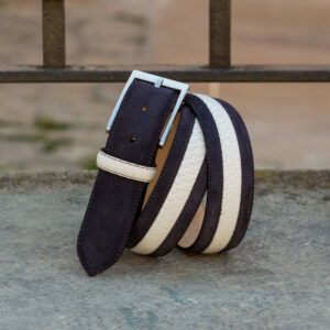 Front view of model Anton, navy blue suede, white braided box calf, stone nubuck, niquel buckle Golf BespokeShoes