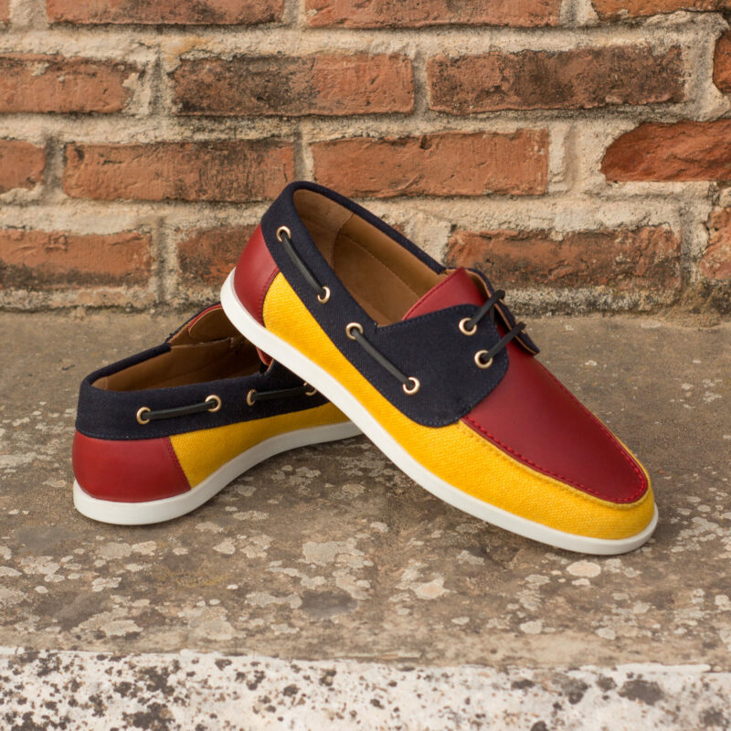 Front view of model Matthew, yellow, blue and red, linen, flannel, and painted calf Golf BespokeShoes