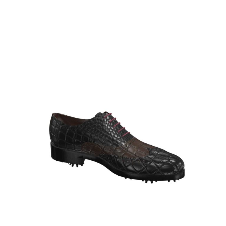 Side view of model Michael, black and dark brown croco painted leather Golf BespokeShoes