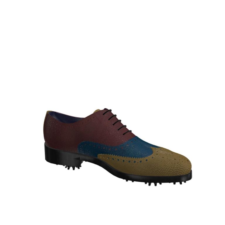 Side view of model Alexander, olive, blue and burgundy painted pebble grain leathe Golf BespokeShoes