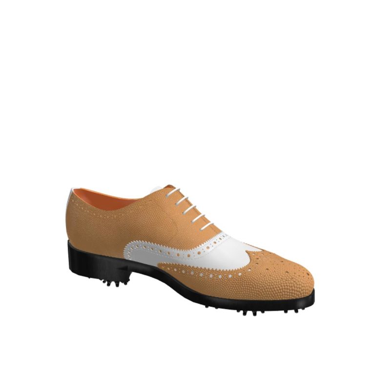 Side view of model Henry, fawn painted pebble grain and white calf Golf BespokeShoes