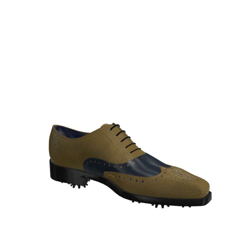 Side view of model Jeffrey, olive painted pebble grain and blue navy calf leather Golf BespokeShoes
