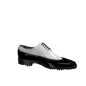 Side view of model John, black and white patent leather Golf BespokeShoes