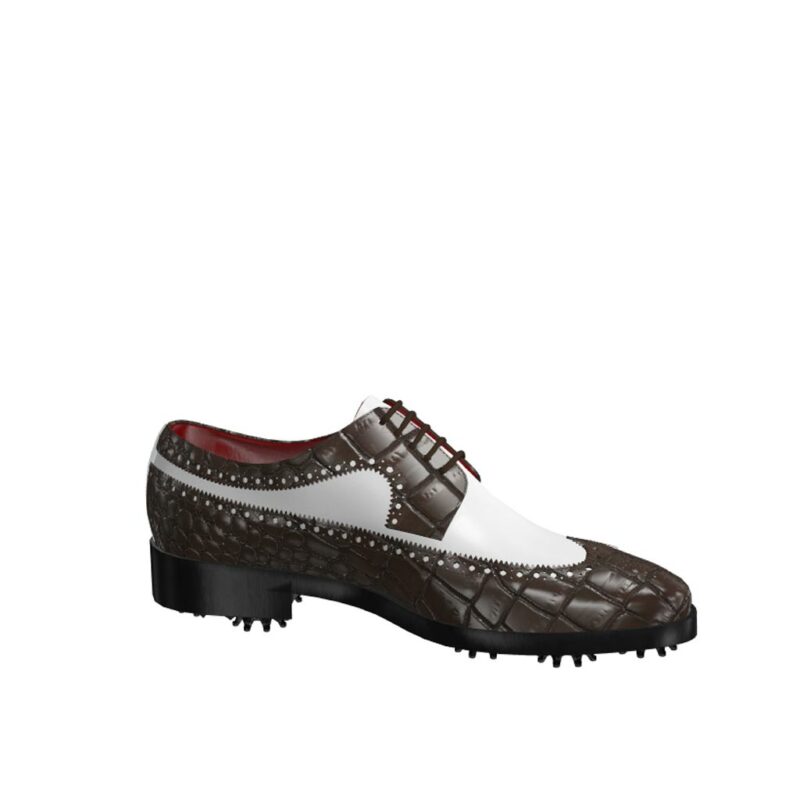 Side view of model Owen, dark brown painted croco and white calf leather Golf BespokeShoes