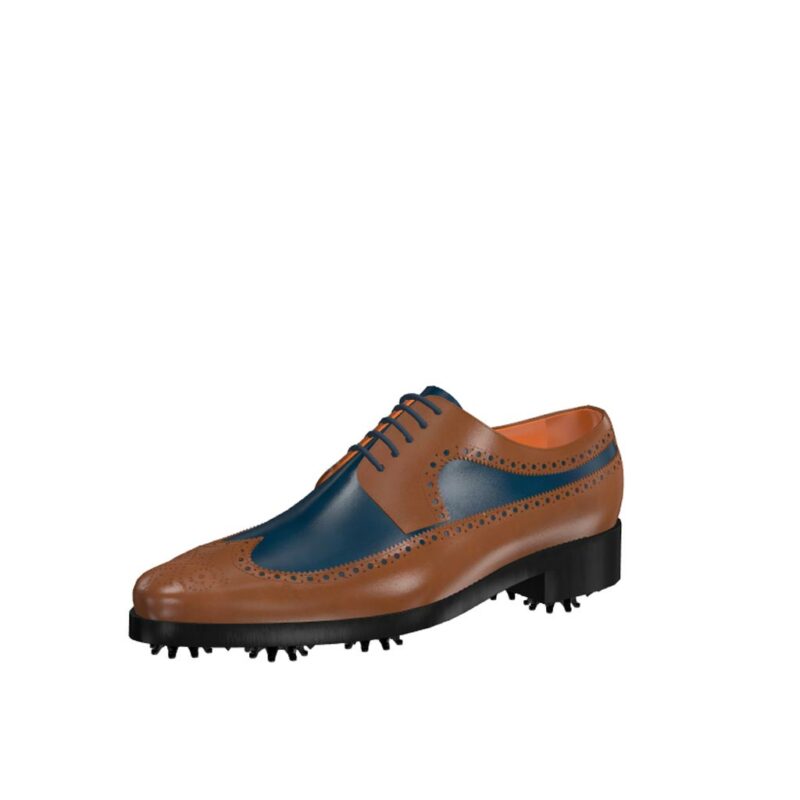 Front view of model Luke, med brown and blue navy painted calf leather Golf BespokeShoes