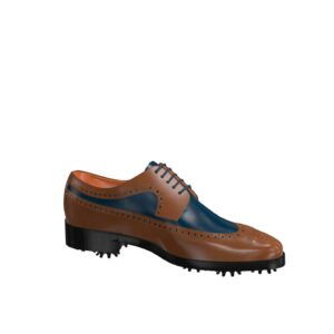 Side view of model Luke, med brown and blue navy painted calf leather Golf BespokeShoes