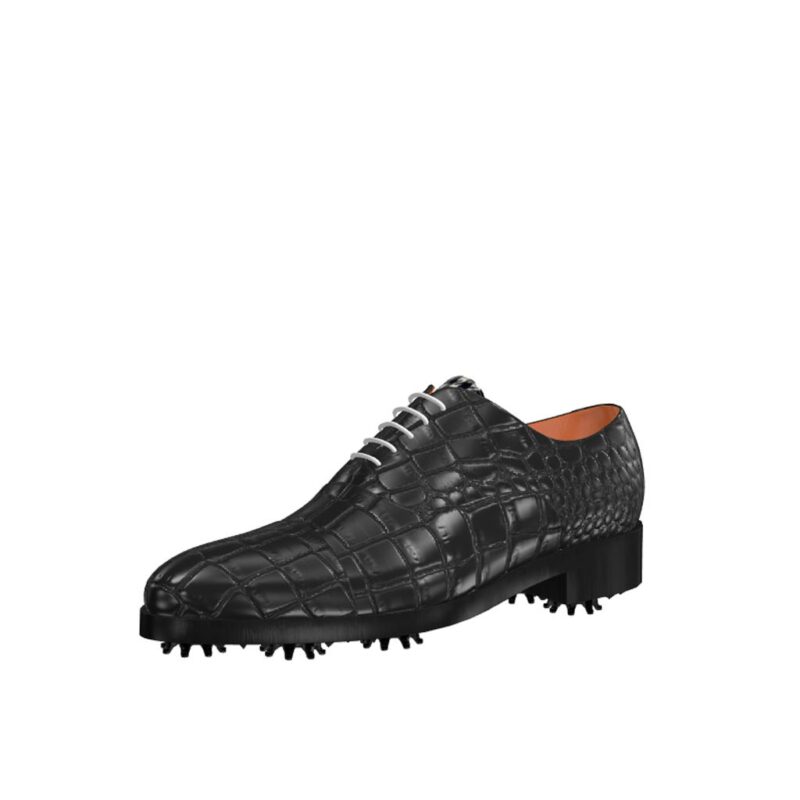 Front view of model Liam, full black painted croco leather Golf BespokeShoes