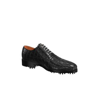 Side view of model Liam, full black painted croco leather Golf BespokeShoes