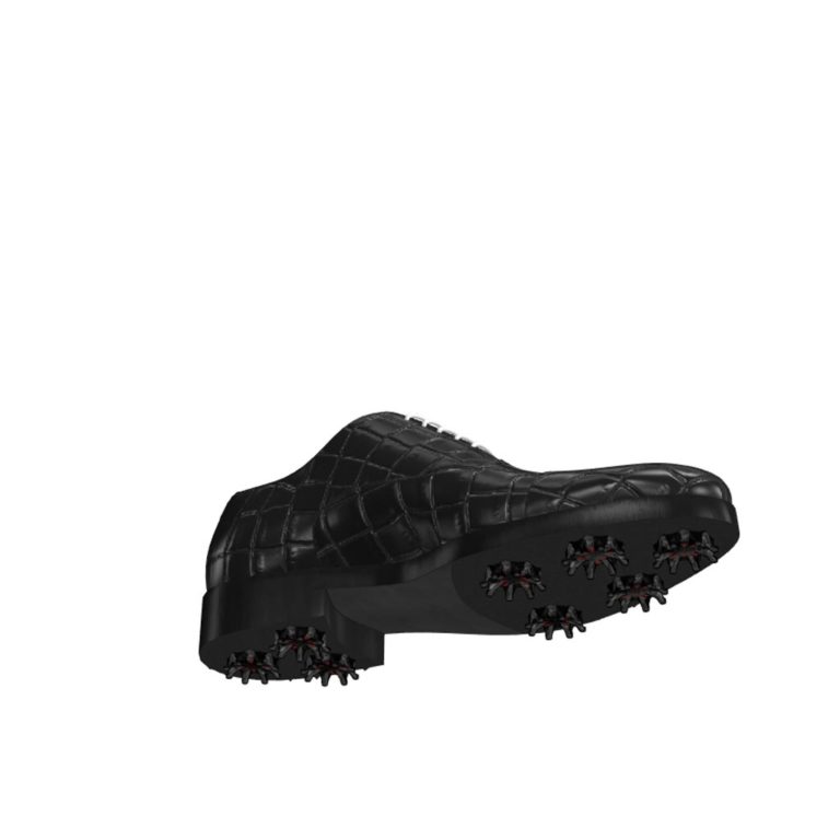 Bottom view of model Liam, full black painted croco leather Golf BespokeShoes