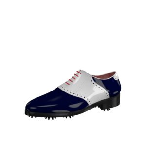 Front view of model Robert, white and blue cobalt patent leather Golf BespokeShoes