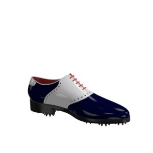 Side view of model Robert, white and blue cobalt patent leather Golf BespokeShoes