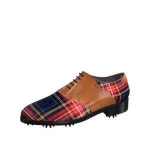 Front view of model Andy, tartan fabric and cognac painted calf leather Golf BespokeShoes