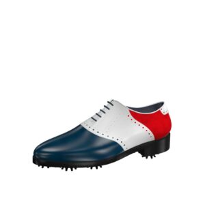 Front view of model Mike, blue and white box calf leather and red kid suede Golf BespokeShoes