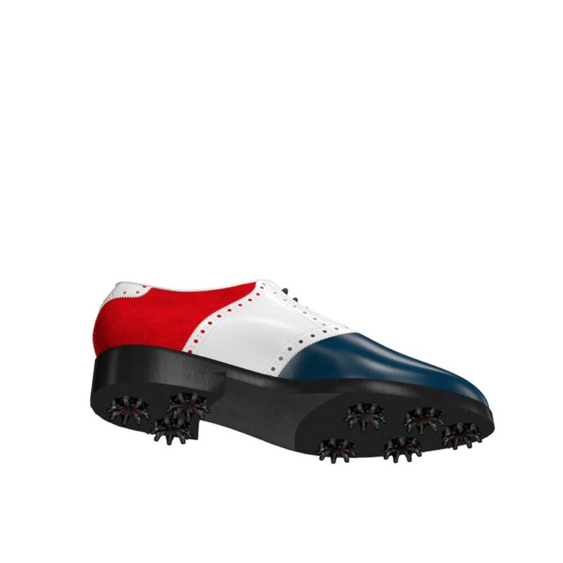 Bottom view of model Mike, blue and white box calf leather and red kid suede Golf BespokeShoes