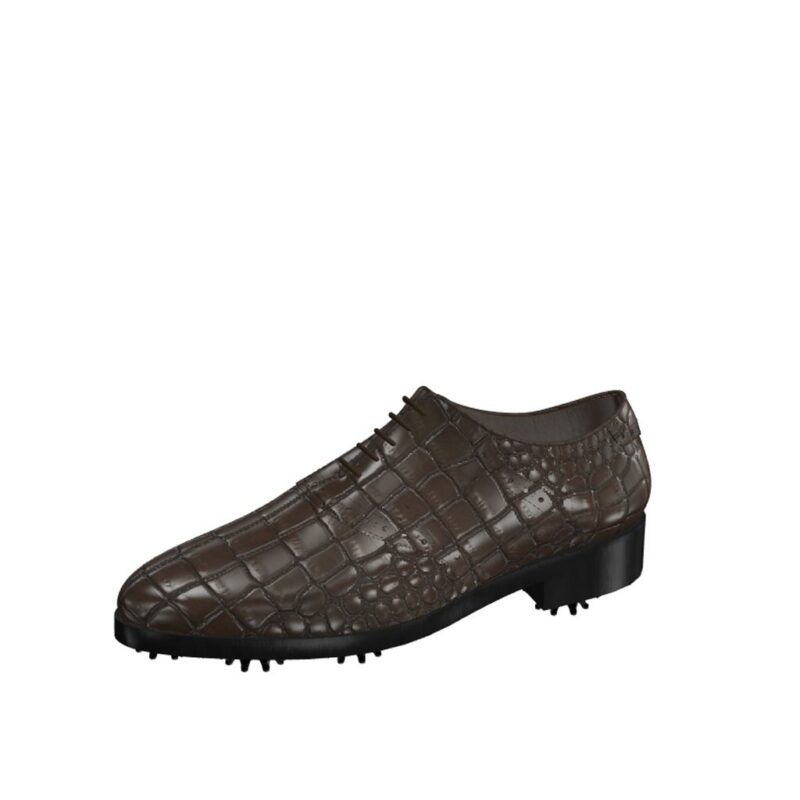 Front view of model Patrick, dark brown painted croco leather Golf BespokeShoes