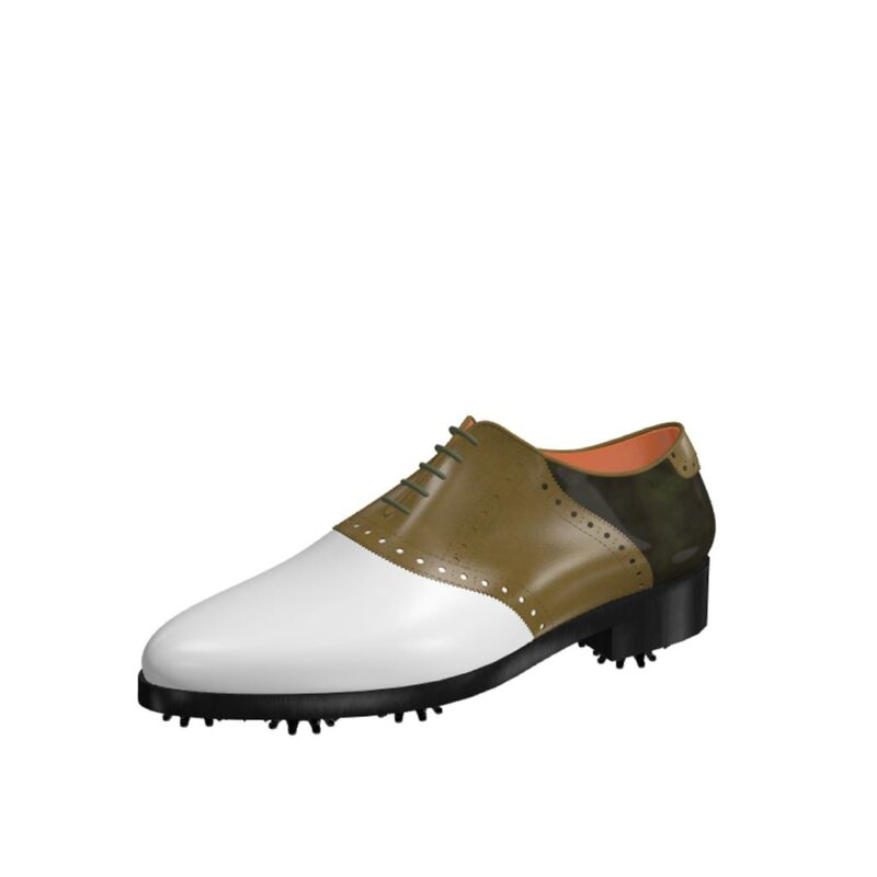 Front view of model Frank, white calf leather olive painted calf and florantic military leather Golf BespokeShoes