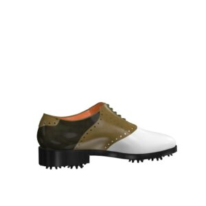 Side view of model Frank, white calf leather olive painted calf and florantic military leather Golf BespokeShoes