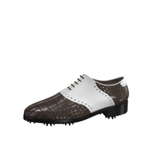 Front view of model Martin, luxury brown painted croco leather and white calf leather Golf BespokeShoes