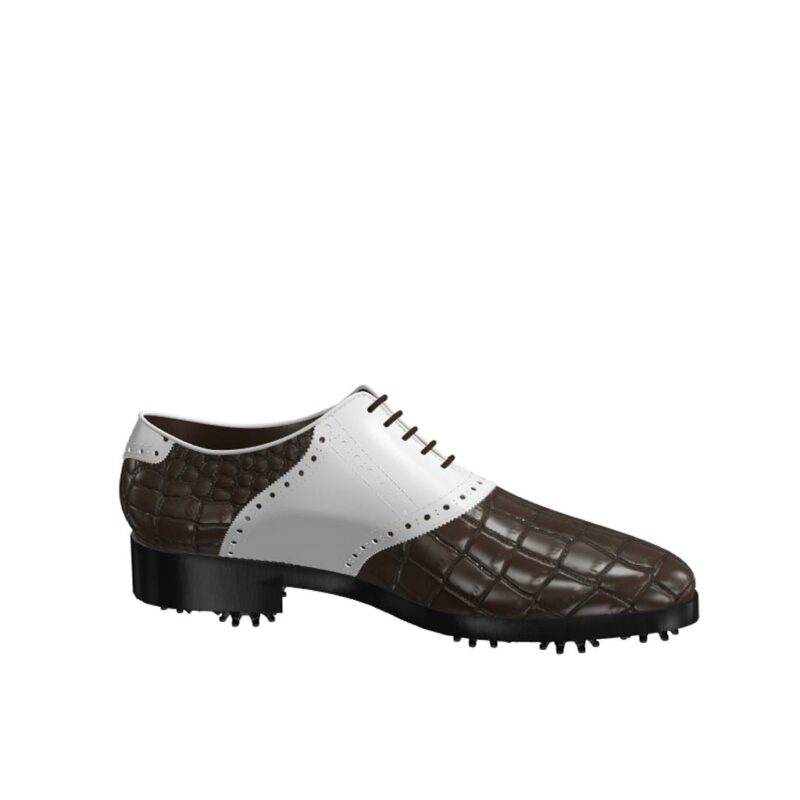 Side view of model Martin, luxury brown painted croco leather and white calf leather Golf BespokeShoes