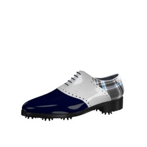 Front view of model David, blue and white patent leather and plaid fabric Golf BespokeShoes