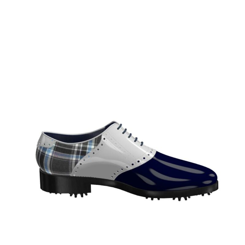 Side view of model David, blue and white patent leather and plaid fabric Golf BespokeShoes