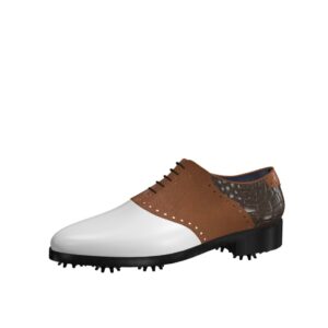 Front view of model Rod, white calf leather, brown pebble grain and painted croco leather Golf BespokeShoes