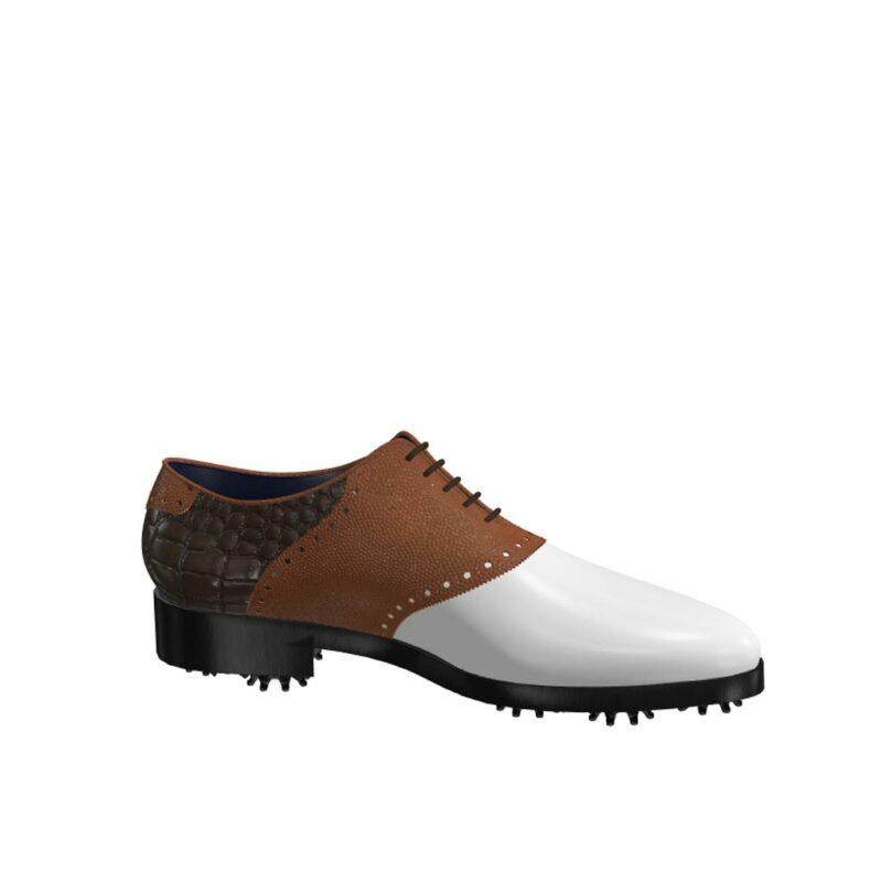 Side view of model Rod, white calf leather, brown pebble grain and painted croco leather Golf BespokeShoes