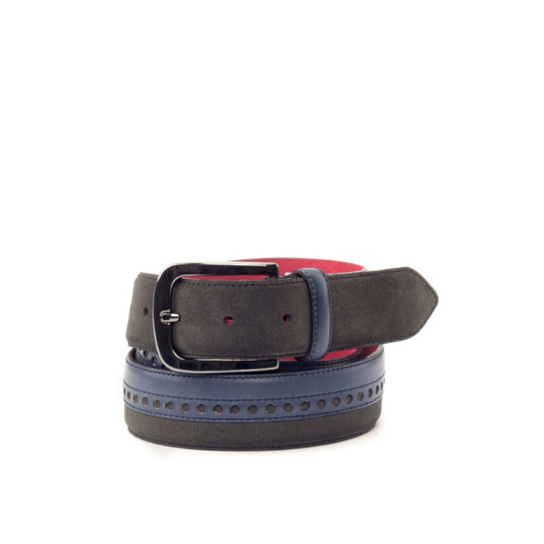 Bottom view of model La Rosita, navy blue painted calf, grey suede, red nubuck, graphite buckle Golf BespokeShoes