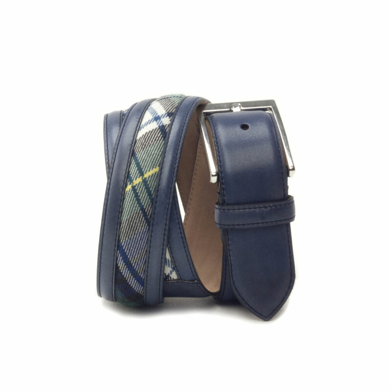 Side view of model Lombard, navy blue painted calf, tartan fabric, stone nubuck, niqel buckle Golf BespokeShoes