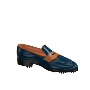 Side view of model Adrian, blue navy and cognac painted calf leather Golf BespokeShoes