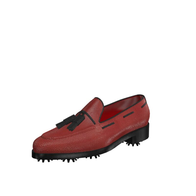 Front view of model Nolan, red painted full grain leather with black tassels Golf BespokeShoes