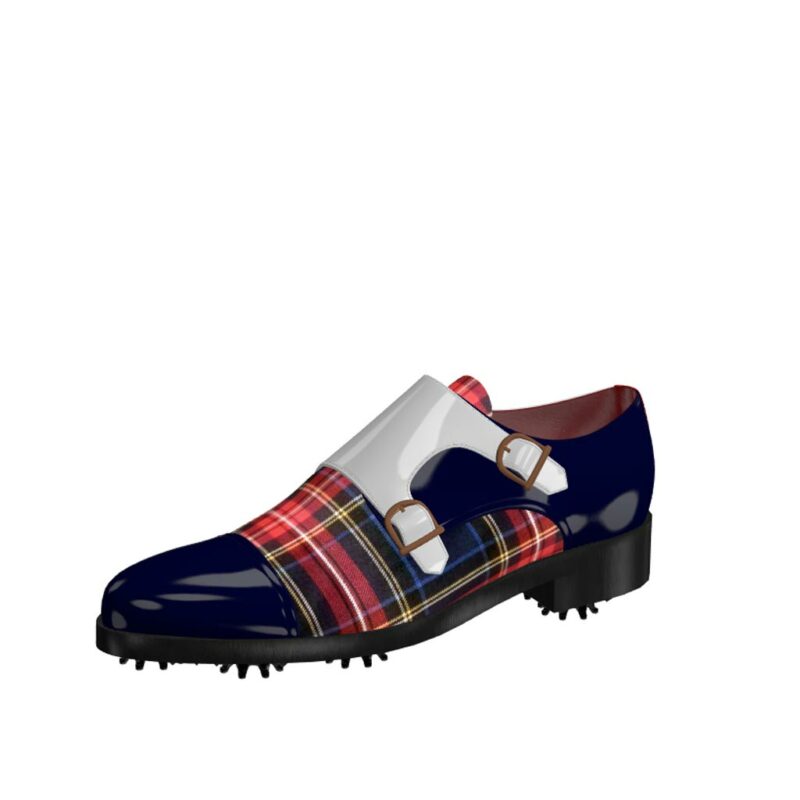 Front view of model Gavin, cobalt blue ant white patent leather with tartan fabric Golf BespokeShoes