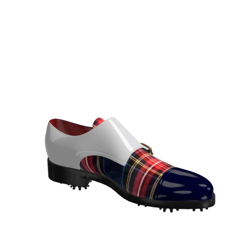 Side view of model Gavin, cobalt blue ant white patent leather with tartan fabric Golf BespokeShoes
