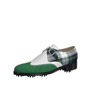 Front view of model Jameson, forest green kid suede, white box calf and tartan fabric Golf BespokeShoes