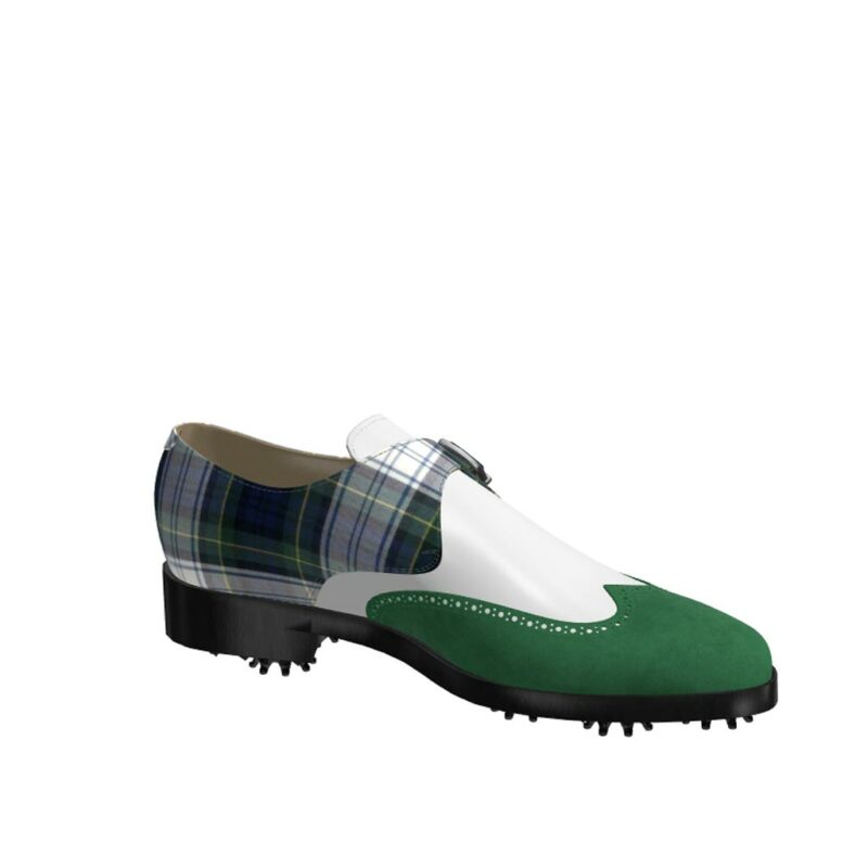 Side view of model Jameson, forest green kid suede, white box calf and tartan fabric Golf BespokeShoes