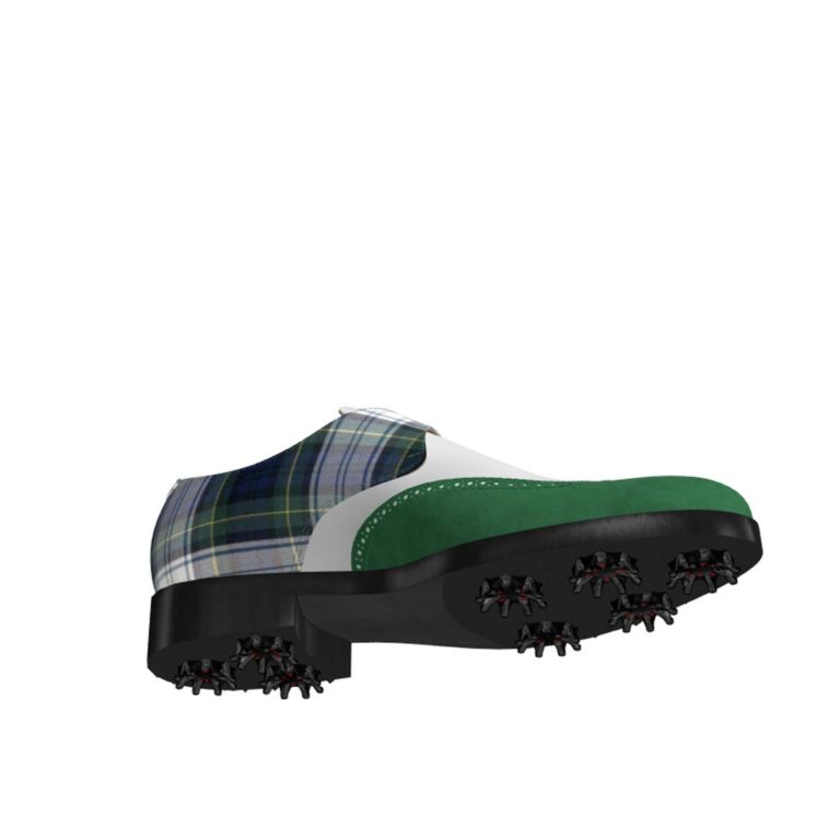 Bottom view of model Jameson, forest green kid suede, white box calf and tartan fabric Golf BespokeShoes
