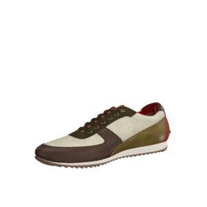 Front view of model Wolfpine, ice linen, khaki lux suede, olive painted calf, dark brown painted full grain Golf BespokeShoes