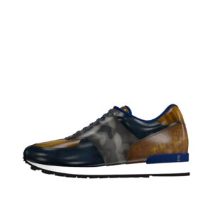 Front view of model Tyler, Denim, cognac, grey patina leather Golf BespokeShoes