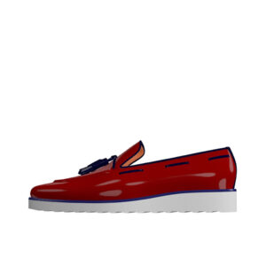 Front view of model Miles, Patent red and cobalt blue leather Golf BespokeShoes