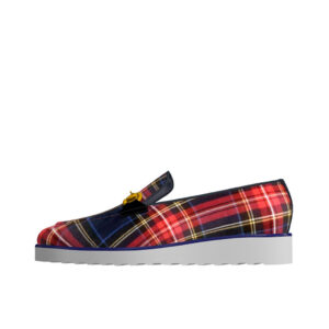 Front view of model Carter, Tartan red and navy box calf leather Golf BespokeShoes