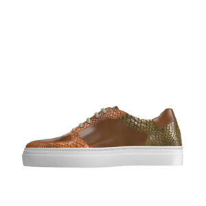 Front view of model Harrison, Med brown box calf, cognac and olive exotic python Golf BespokeShoes
