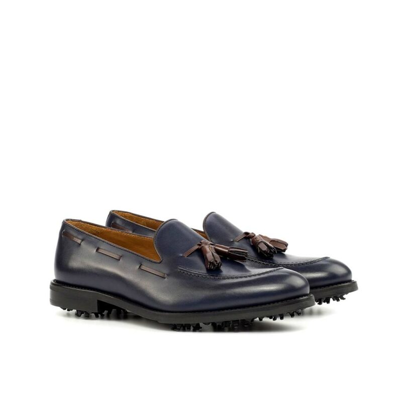 Front view of model Elmo, navy box calf, dark brown box calf Golf Bespoke Shoes Golf BespokeShoes