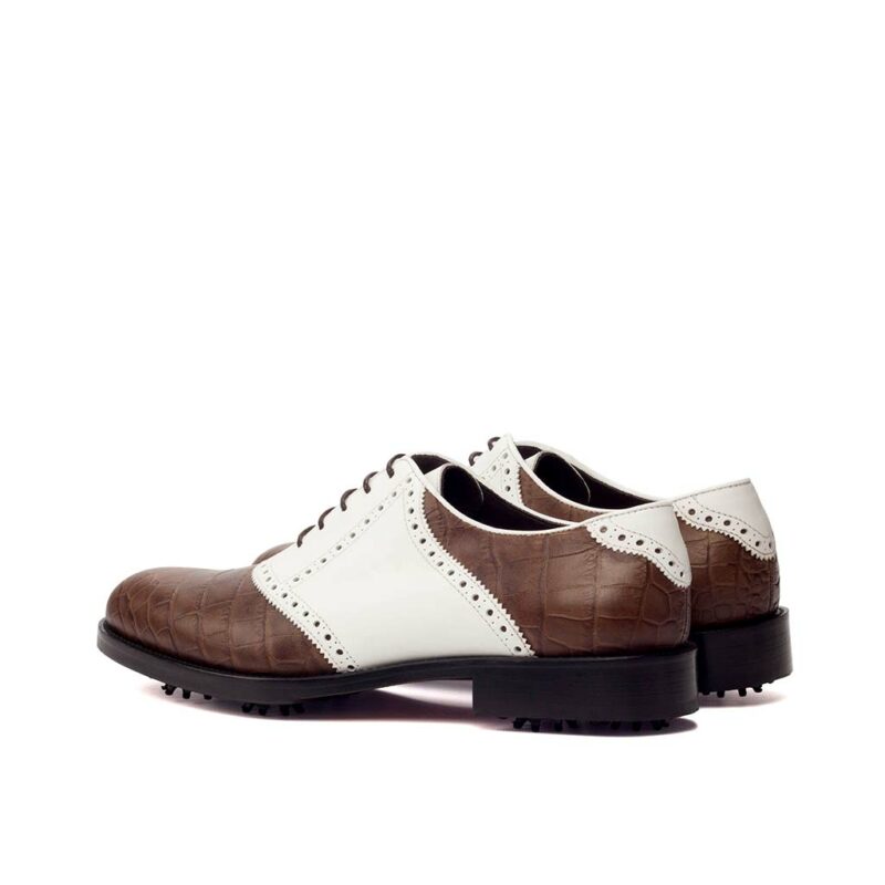 Side view of model Meneo, dark brown painted croco white box calf Golf Bespoke Shoes Golf BespokeShoes