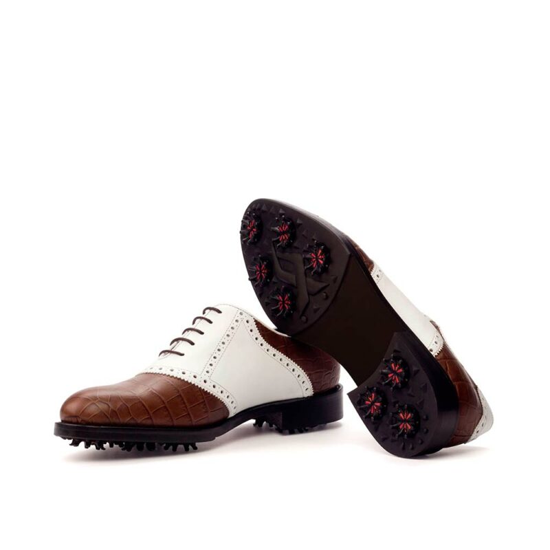 Bottom view of model Meneo, dark brown painted croco white box calf Golf Bespoke Shoes Golf BespokeShoes