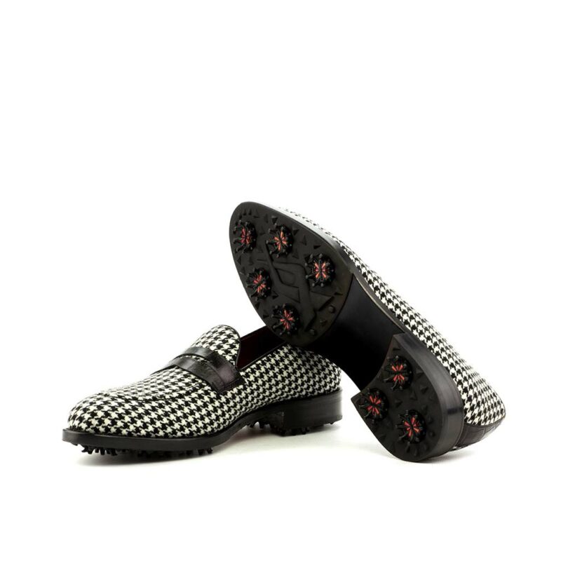 Bottom view of model Monaldo, black painted croco, houndstooth sartorial, black box calf Golf Bespoke Shoes Golf BespokeShoes