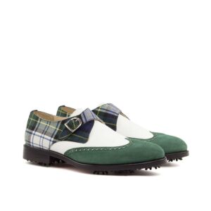 Front view of model Rolando, tartan sartorial,white box calf, forest kid suede Golf Bespoke Shoes Golf BespokeShoes