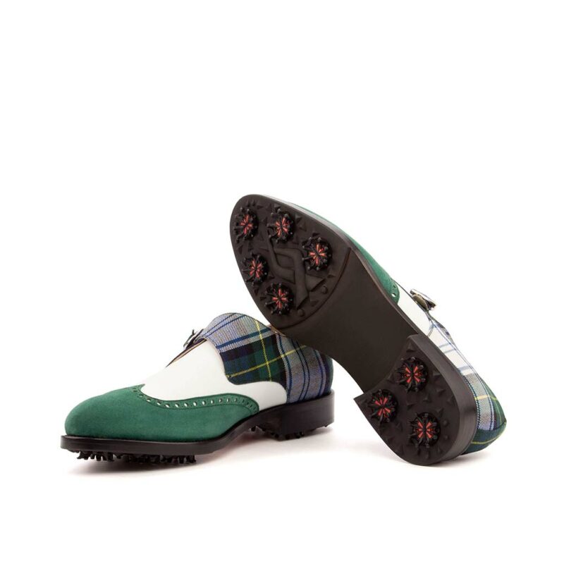 Bottom view of model Rolando, tartan sartorial,white box calf, forest kid suede Golf Bespoke Shoes Golf BespokeShoes