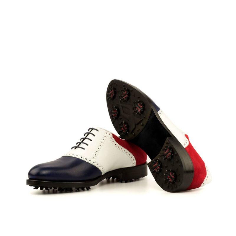 Bottom view of model Vezio, white box calf, navy painted calf, red kid suede Golf Bespoke Shoes Golf BespokeShoes